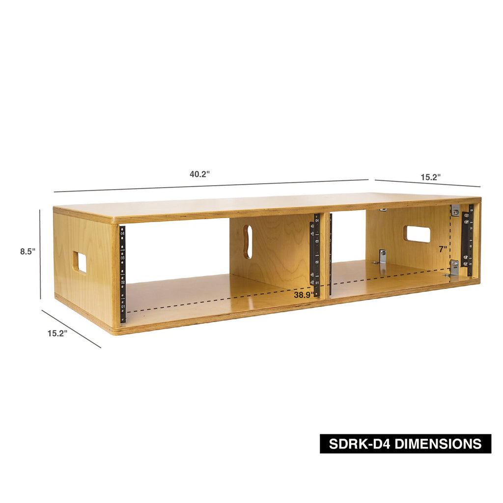 Sound Town SDRK-D4 2 x 4U (4-Space) Double Bay Studio Equipment Rack, Golden Oak Plywood, for Recording Room, Home Studio - Size and DImensions