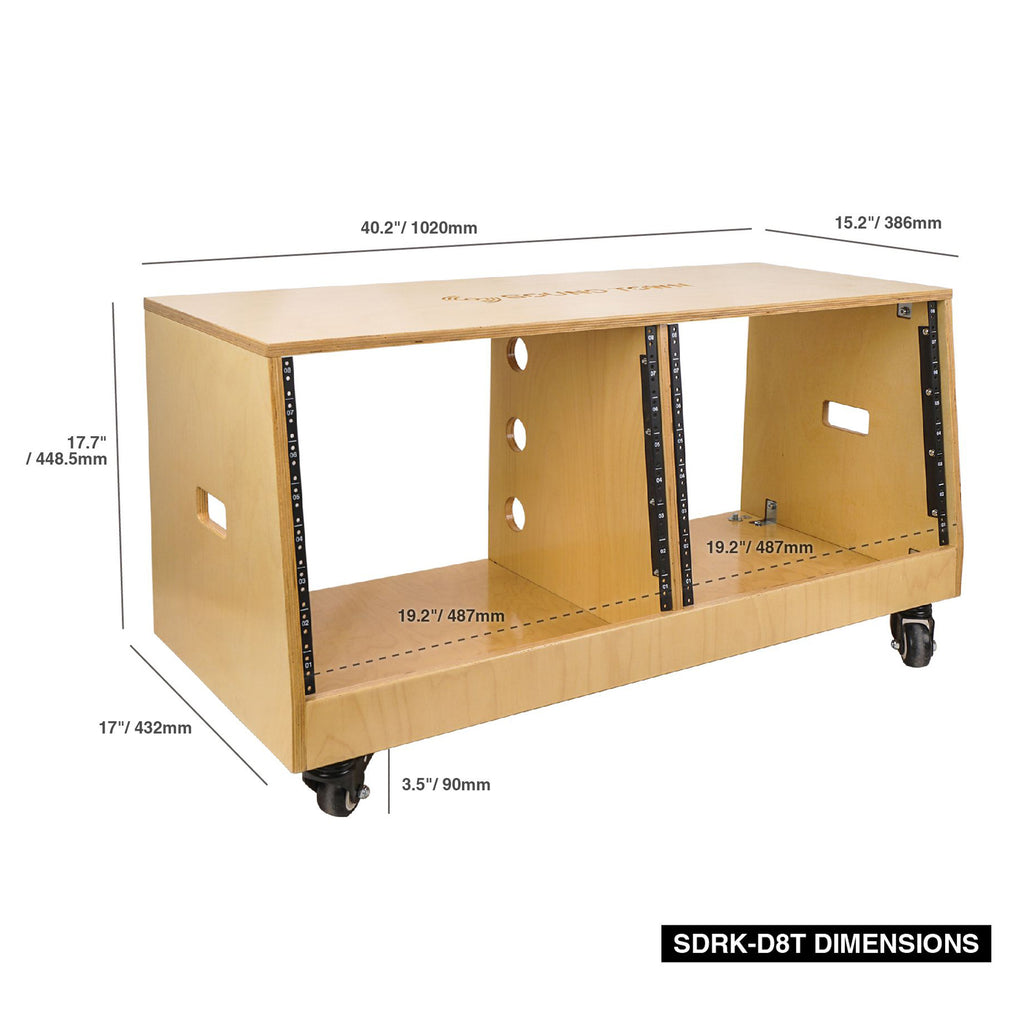 Sound Town SDRK-D8T DIY 2 x 8U Slanted Studio Rack with Baltic Birch Plywood, Casters, Golden Oak, for Recording Room, Home Studio - Size and Dimensions