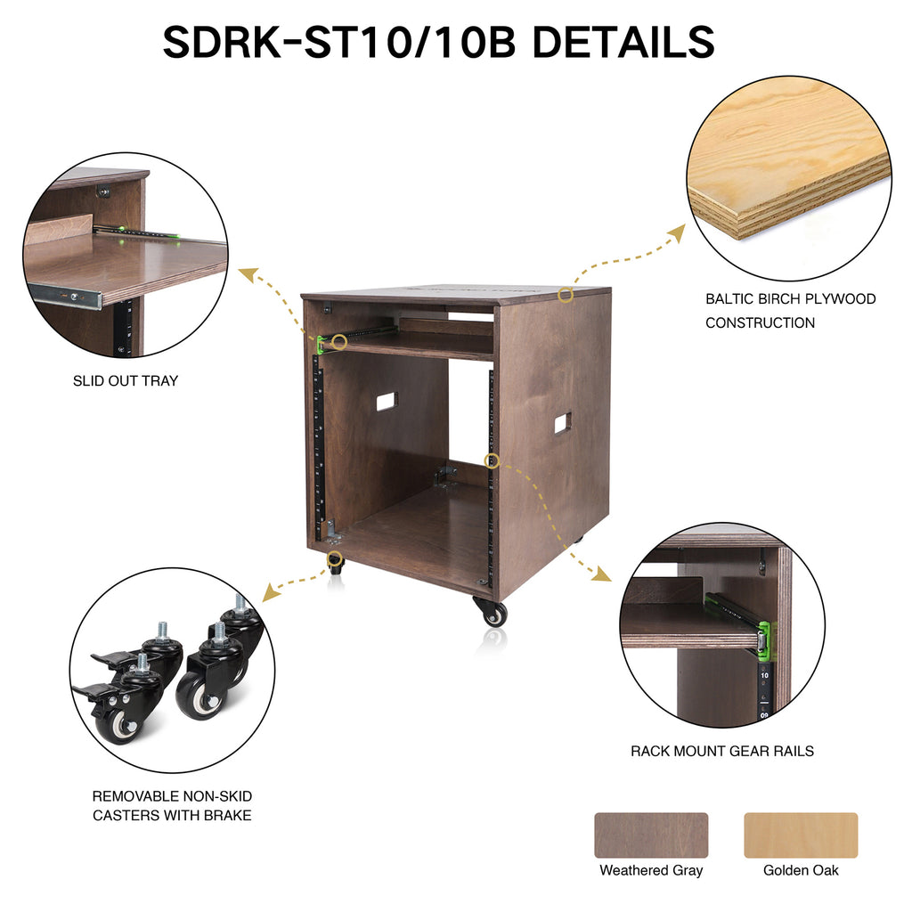 Sound Town SDRK-ST10 10U Space Plywood Studio Equipment Rack Desk w/ Slide-Out Tray, Rubber Feet, Casters, for Recording, Podcasts, Broadcasts, Streaming, Golden Oak - details, features