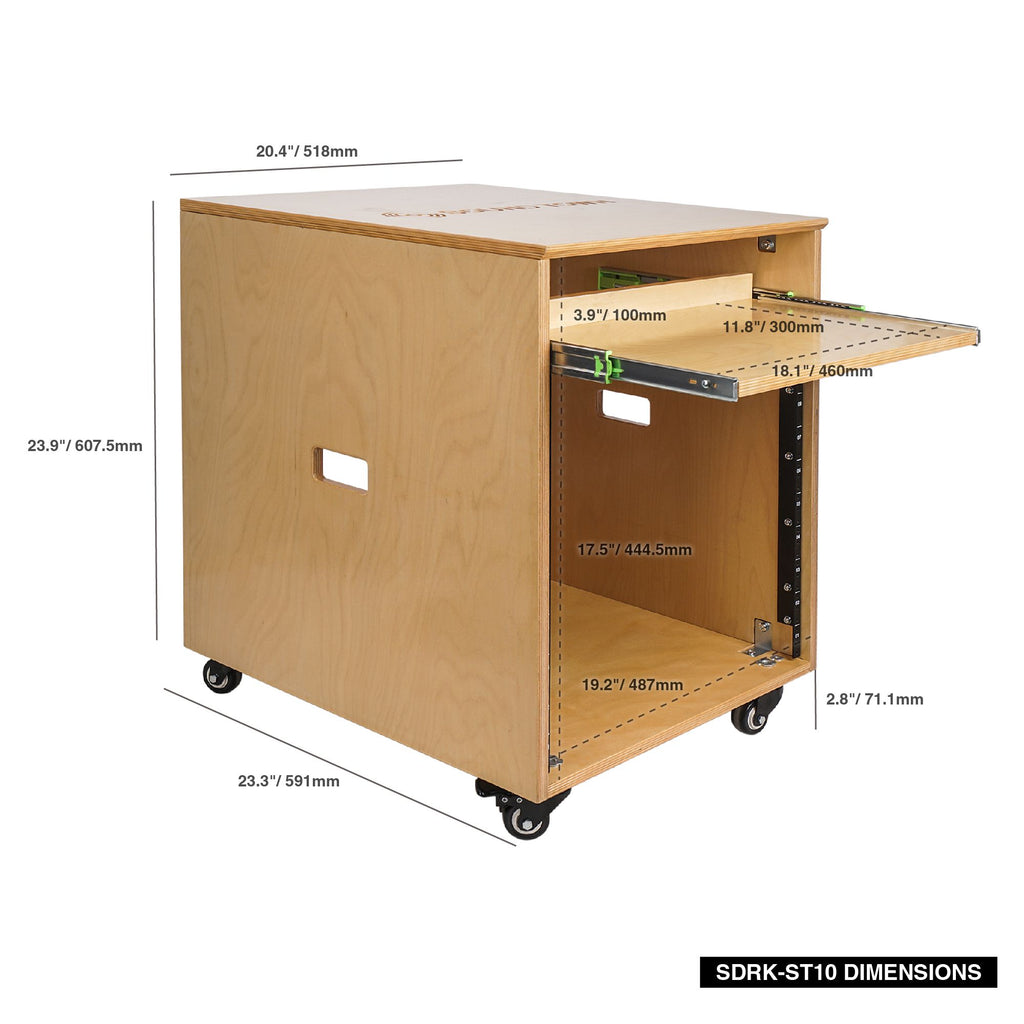 Sound Town SDRK-ST10 10U Space Plywood Studio Equipment Rack Desk w/ Slide-Out Tray, Rubber Feet, Casters, for Recording, Podcasts, Broadcasts, Streaming, Golden Oak - Size and Dimensions