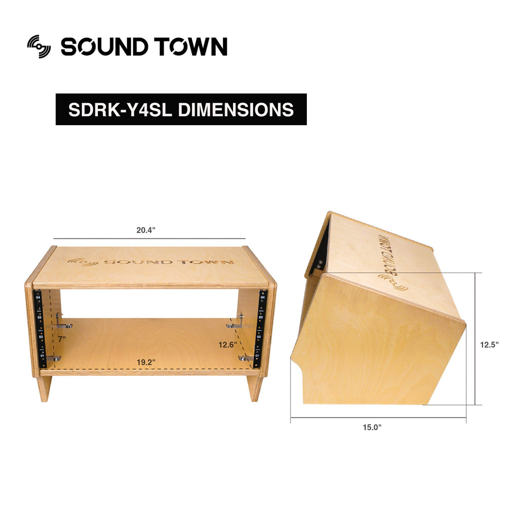 Sound Town SDRK-Y4SL DIY 4U Angled Desktop Turret Studio Rack with Baltic Birch Plywood, Golden Oak, Assembly Required - Size and Dimensions