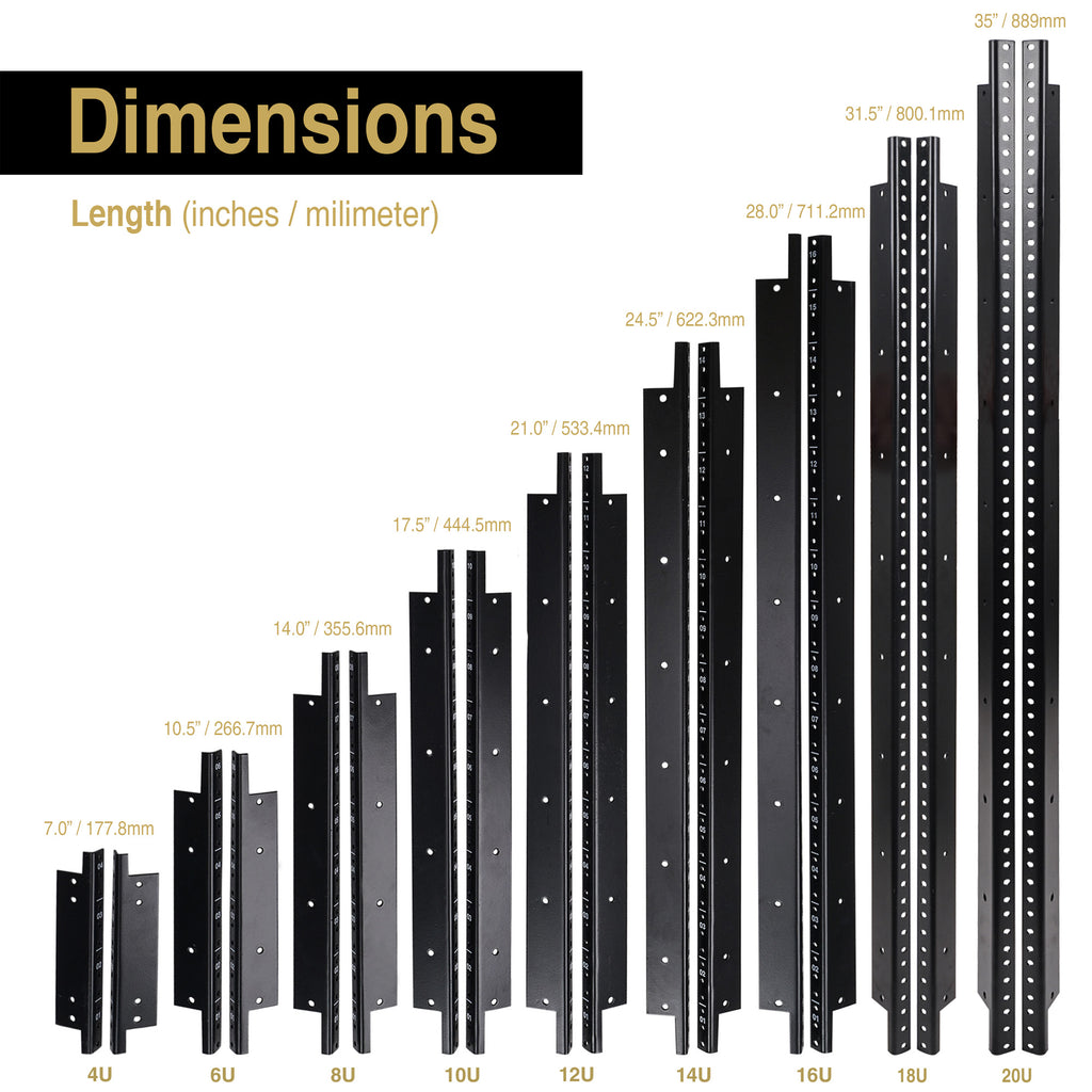 Sound Town ST-RR-06U 2-pack Steel Rack Rails, with Black Powder Coated Finish and Screws - 4U, 6U, 8U, 10U, 12U, 14U, 16U, 18U, 20U Length Dimensions in Inches and Millimeter