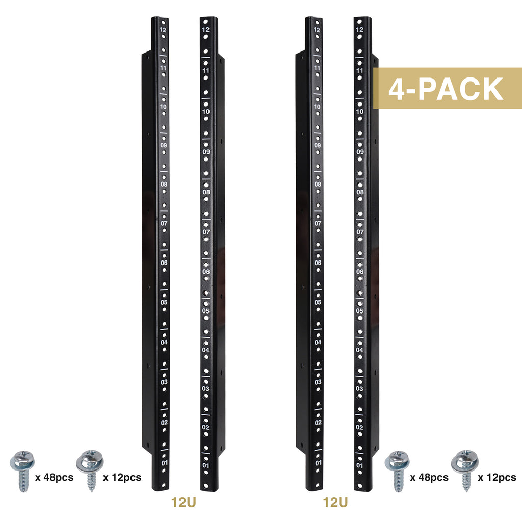 Rack Rails Replacement ST-RR-12U | 12U Steel Rack Rails w/ Black Powder Coated Finish & Screws ...