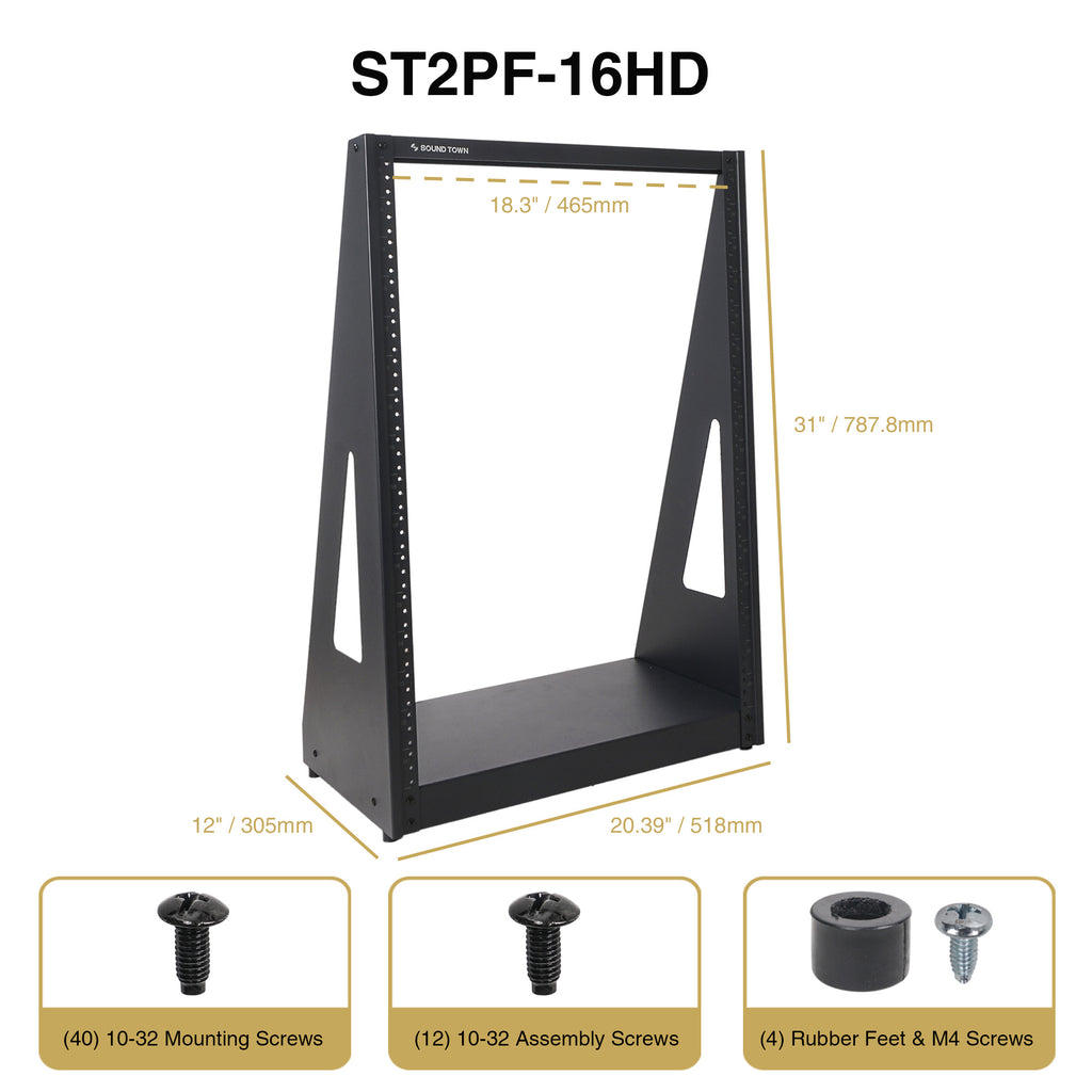 Sound Town ST2PF-16HD 16U 2-Post Heavy-Duty Open-Frame Rack, for Audio/Video, Network Switches, Servers, UPS Systems - package contents, included in the box, accessories, parts list, screw sizes, size and dimensions