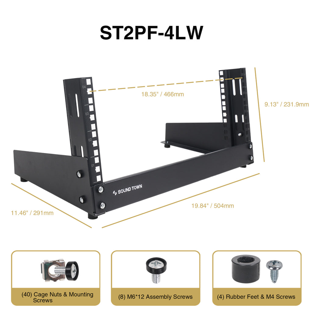 Sound Town ST2PF-4LW 4U 2-Post Desktop Open-Frame Rack, for Audio/Video, Network Switches, Routers, Patch Panels - package contents, included in the box, accessories, parts list, screw sizes, size, dimensions