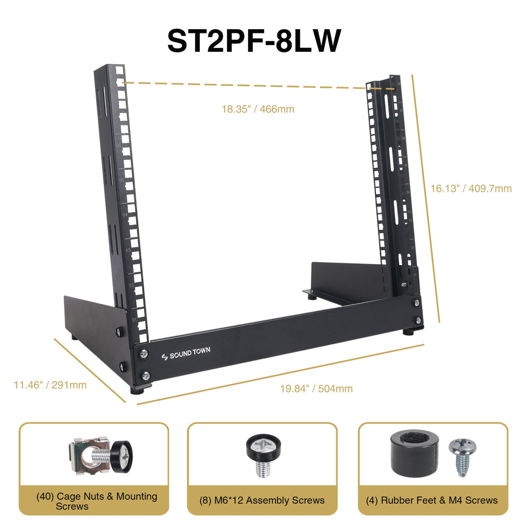 Sound Town ST2PF-8LW-R 8U 2-Post Desktop Open-Frame Rack, for Audio/Video, Network Switches, Routers, Patch Panels, Refurbished - package contents, included in the box, accessories, parts list, screw sizes, size, dimensions