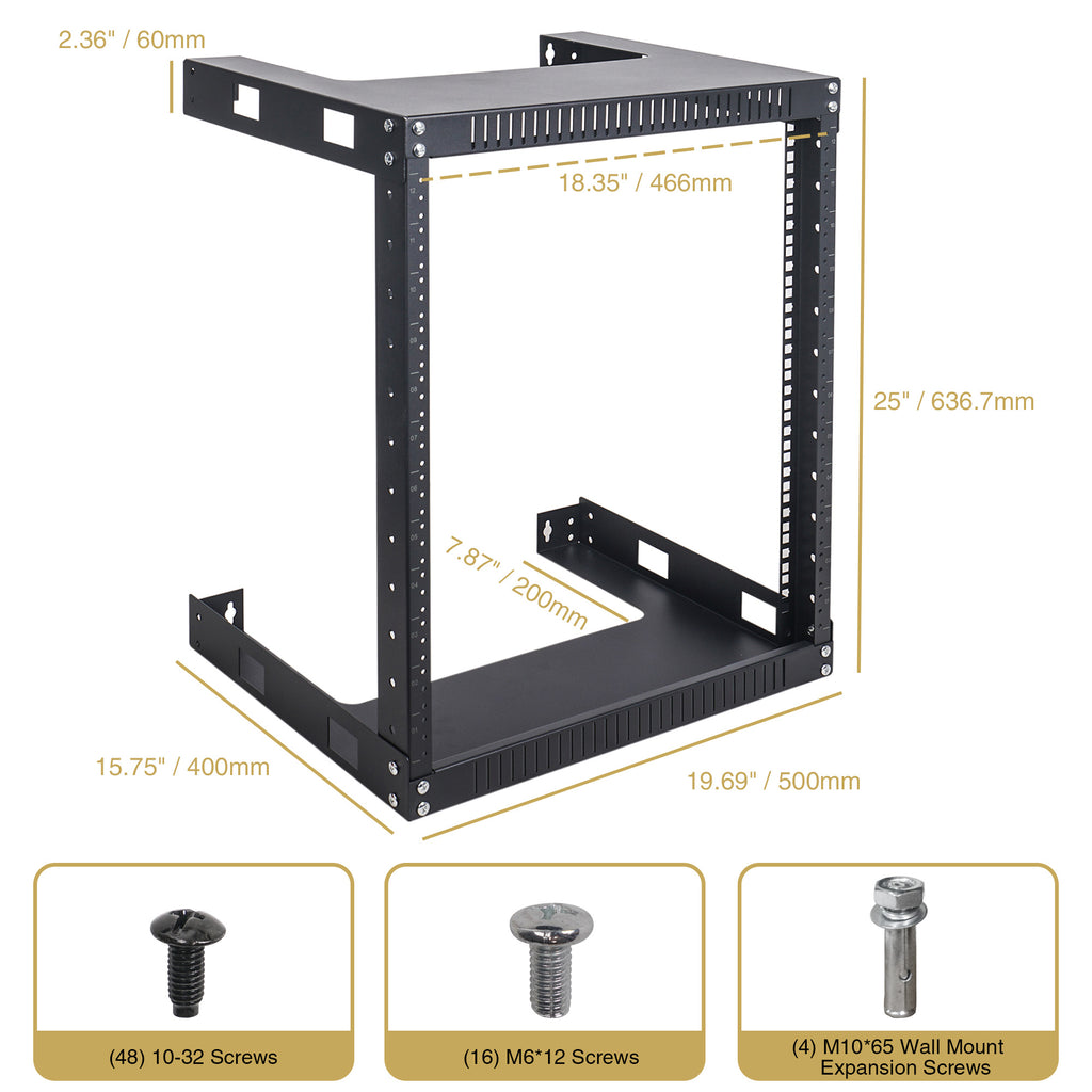  Sound Town ST2PWOR-12U 2-Post 12U Wall-Mount Open Frame Rack for PA, Servers, IT Equipment, Network Devices, AV, Patch Panels, 16" Depth - Size & Dimensions, Parts, Included in the Box, Package Contents, Accessories, Screw Sizes