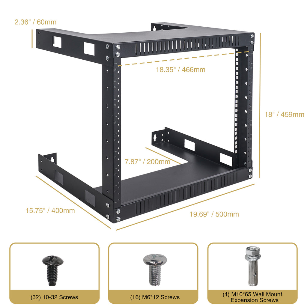 Sound Town ST2PWOR-8U 2-Post 8U Wall-Mount Open Frame Rack for PA, Servers, IT Equipment, Network Devices, AV, Patch Panels, 16" Depth - Size, Dimensions, Parts, Accessories List, Included in the Box, Package Contents, Screw Size