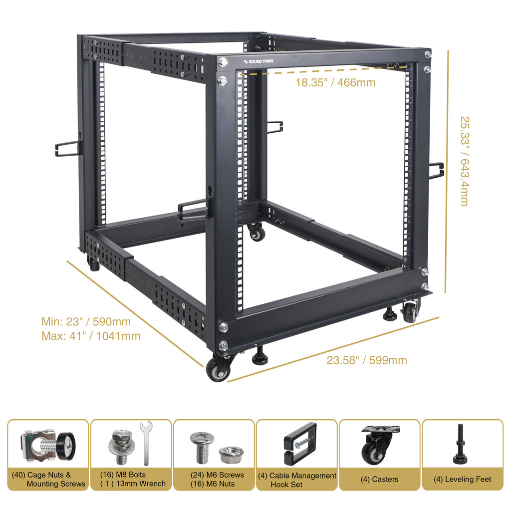 Sound Town ST4POF-A12U 4-Post 12U Open Frame PA, Server, & Network Equipment Rack w/ Adjustable Depth 22"-40", Casters, Levelers, Cable Management - package contents, included in the box, size and dimensions, included accessories and screw size
