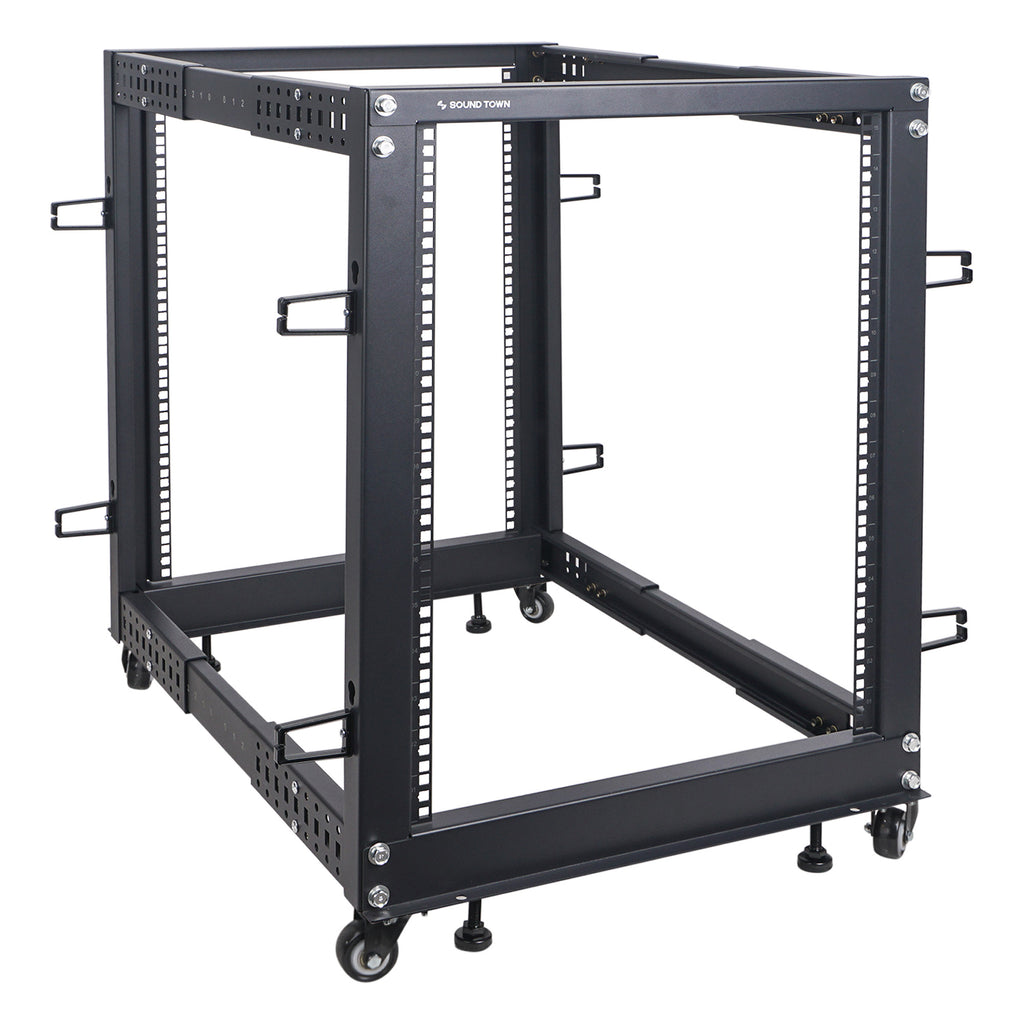 Sound Town ST4POF-A15U 4-Post 15U Open Frame PA, Server & Network Equipment Rack w/ Adjustable Depth 22"-40", Casters, Levelers, Cable Management - Professional Devices