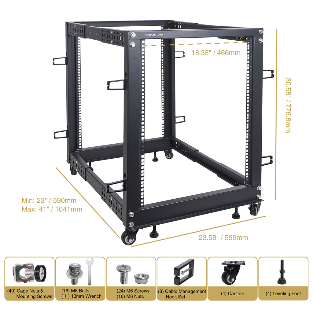 Sound Town ST4POF-A15U 4-Post 15U Open Frame PA, Server & Network Equipment Rack w/ Adjustable Depth 22"-40", Casters, Levelers, Cable Management - package contents, included in the box, parts & accessories, screw size