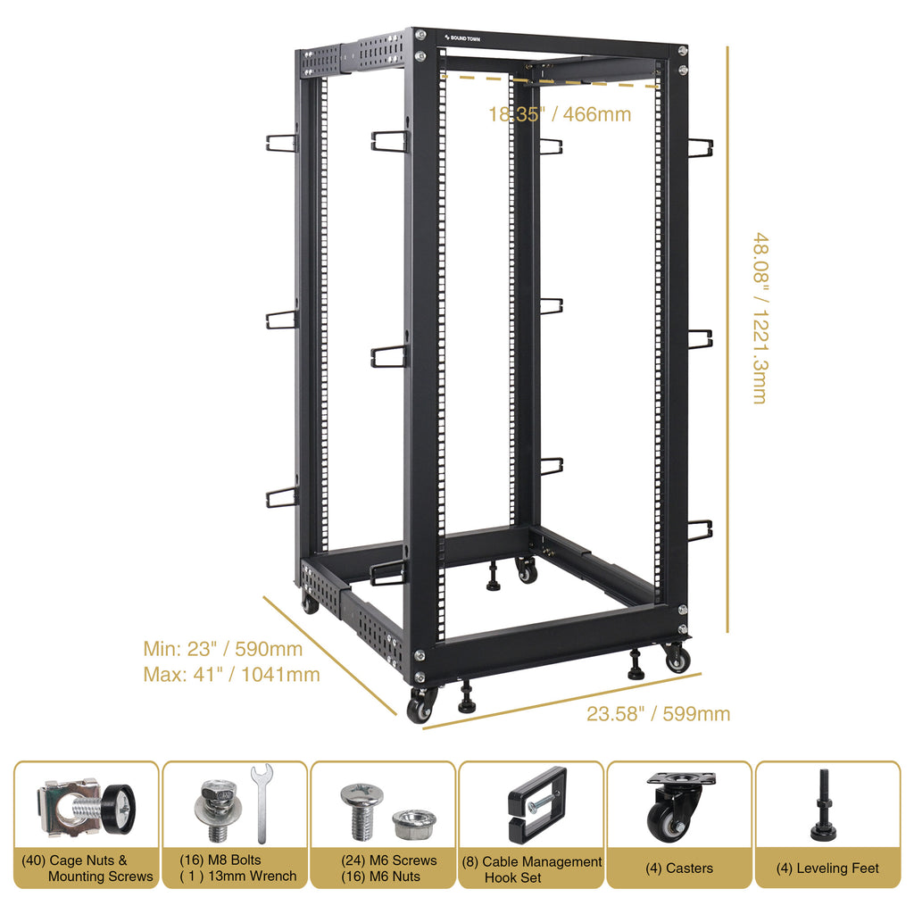 Sound Town ST4POF-A25U 4-Post 25U Open Frame PA, Server & Network Equipment Rack w/ Adjustable Depth 22"-40", Casters, Levelers, Cable Management - Package contents, included in the box, parts & accessories, screw sizes