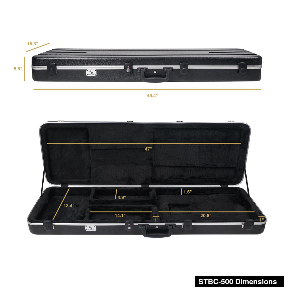 Sound Town STBC-500 Lightweight & Compact ABS Road Case for Electric Bass Guitar w/ TSA Approved Locking Latch and EPS Foam Plush Interior - Interior and Exterior Size and Dimensions