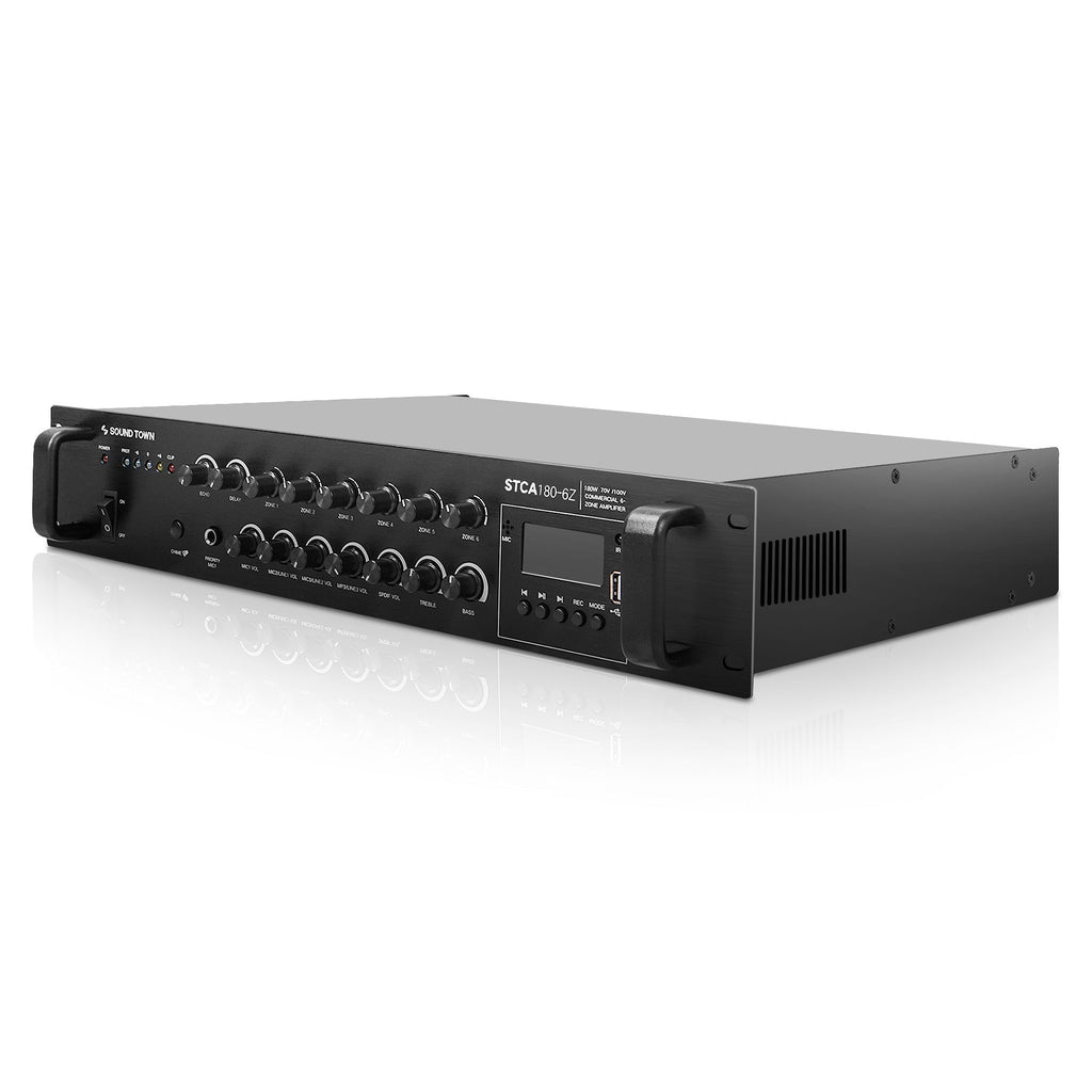 Sound Town STCA180-6Z-R 180W 6-Zone 70V/100V Commercial Power Amplifier with Bluetooth, Optical, Phantom Power, for Restaurants, Lounges, Bars, Pubs, Schools, Refurbished - Left Panel