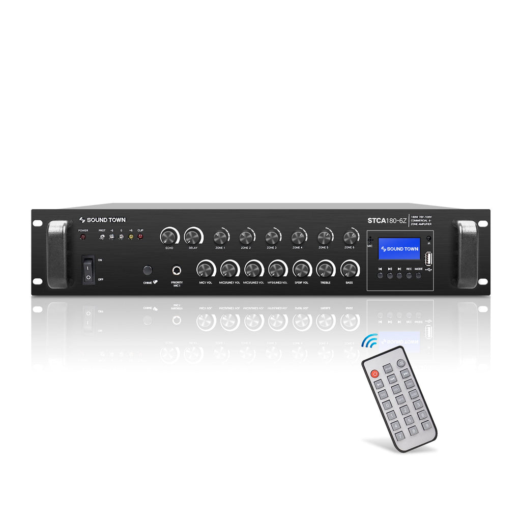 Sound Town STCA180-6Z-R 180W 6-Zone 70V/100V Commercial Power Amplifier with Bluetooth, Optical, Phantom Power, for Restaurants, Lounges, Bars, Pubs, Schools, Refurbished - with Wireless Remote