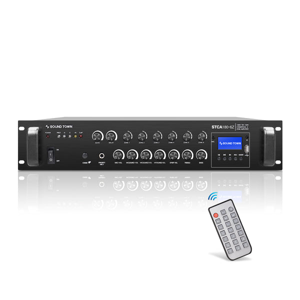 Sound Town 180W 6-Zone 70V/100V Commercial Power Amplifier with Bluetooth,  Optical, Phantom Power, for Restaurants, Lounges, Bars, Pubs, Schools (STCA 