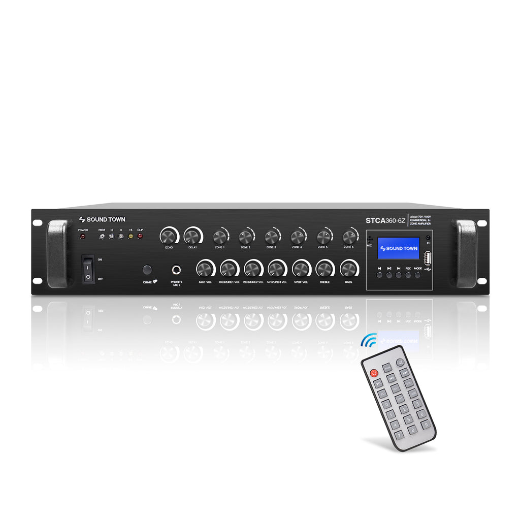 Sound Town STCA360-105TB 360W 6-Zone 70V/100V Commercial Power Amplifier with Bluetooth, Optical, Phantom Power, for Restaurants, Lounges, Bars, Pubs, Schools - Front Panel with Wireless Remote