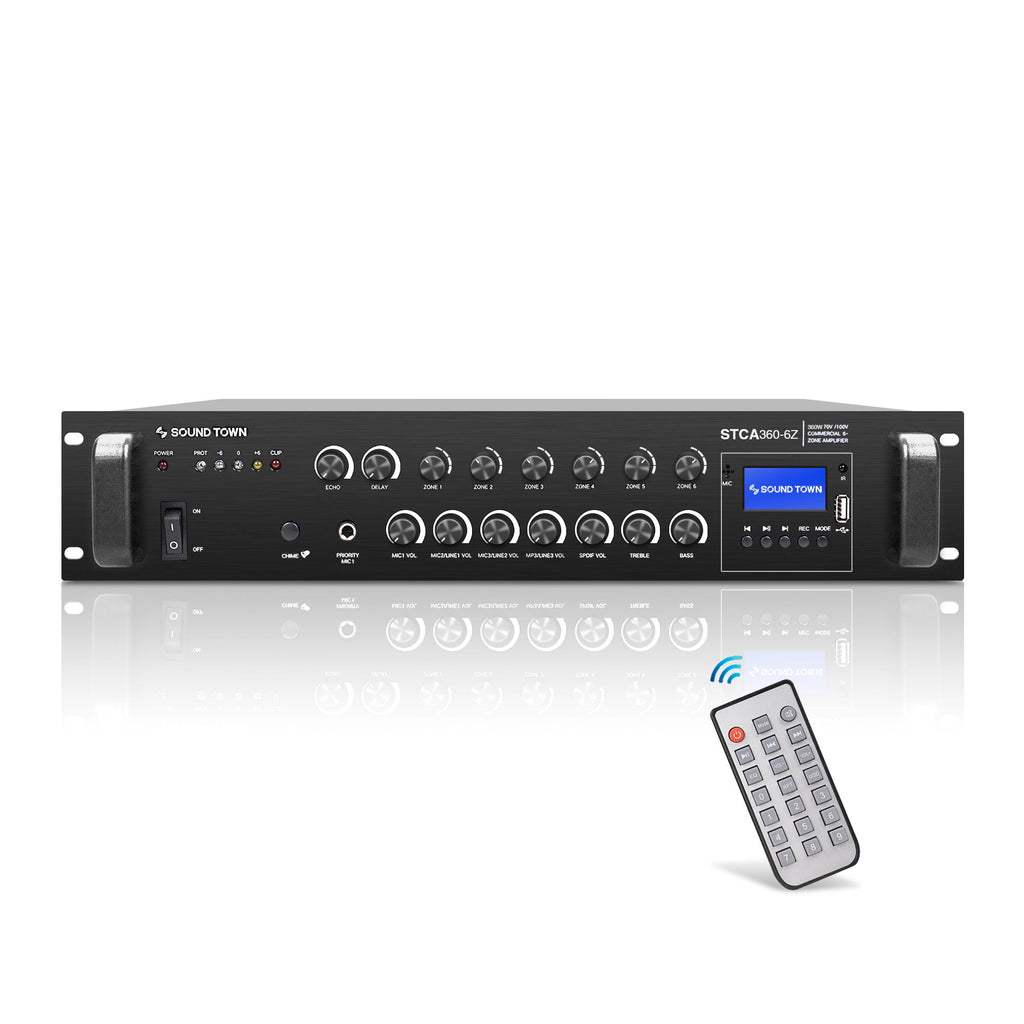 Sound Town STCA360-6Z-R 360W 6-Zone 70V/100V Commercial Power Amplifier with Bluetooth, Optical, Phantom Power, for Restaurants, Lounges, Bars, Pubs, Schools, Refurbished - Wireless Remote