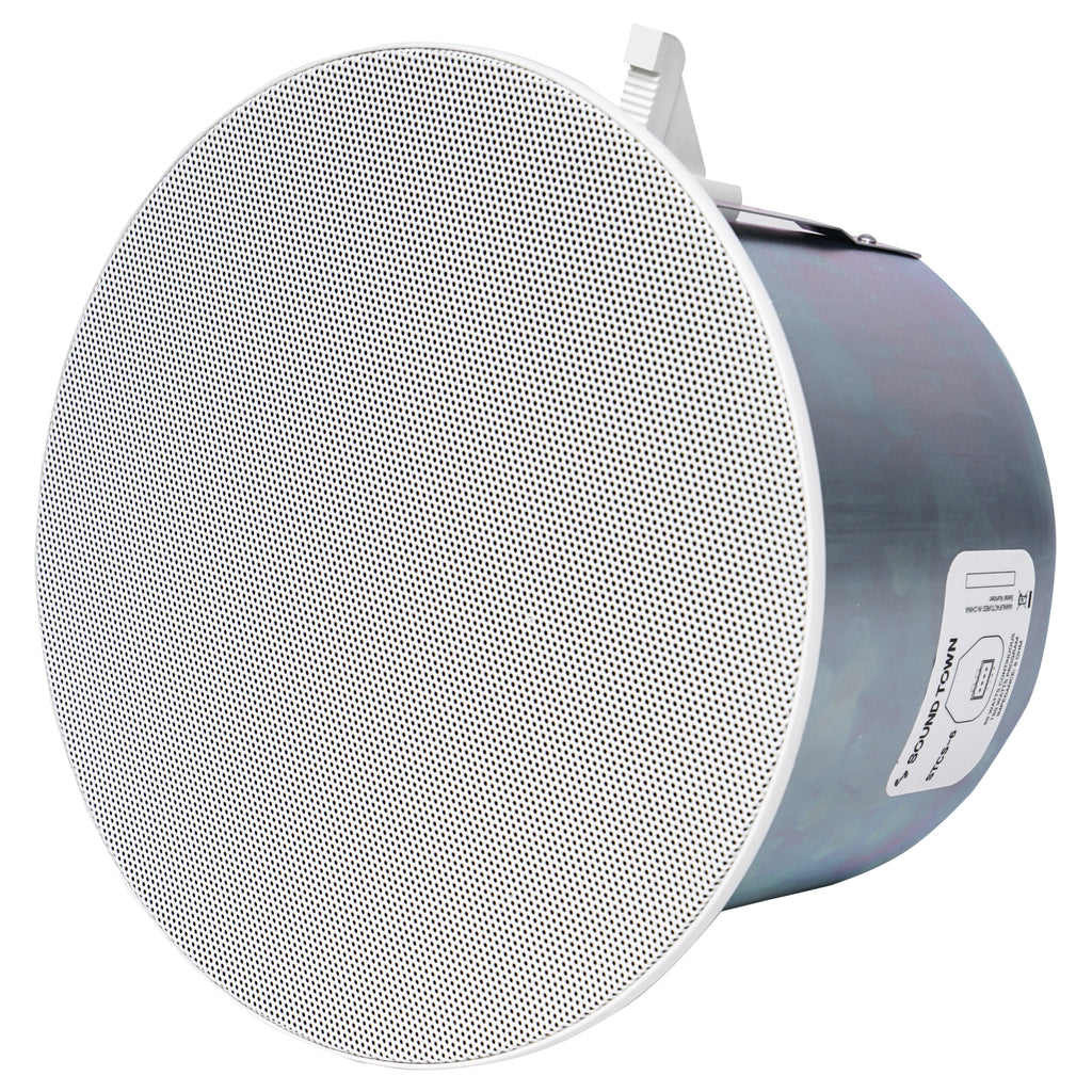 Sound Town STCA360-STCS6 Pair of 6" 2-way Passive Coaxial In-Ceiling / In-Wall Speakers with Low-Profile Design, 6" Woofer, 1” Compression Driver, Backcan and Tile Rails, 120-Degree Coverage, 70/100-volt Operation, White - Left Angle