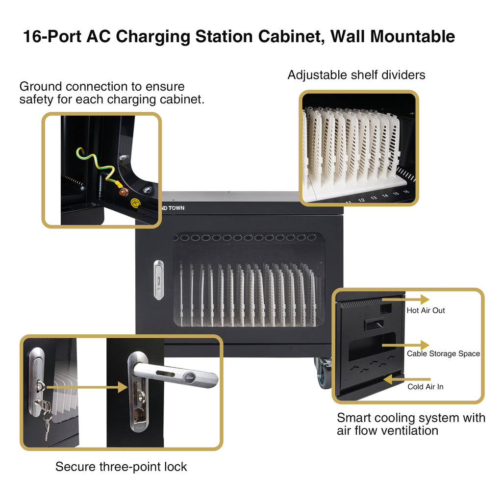 Sound Town STCC-AC16US Multi-Device Wall-Mountable Charging Cart w/ 16 AC Outlets, Casters, for Chromebooks/Laptops - adjustable shelf dividers, ground connection to ensure safety for each charging cabinet, smart cooling system with air flow ventilation, secure three-point lock