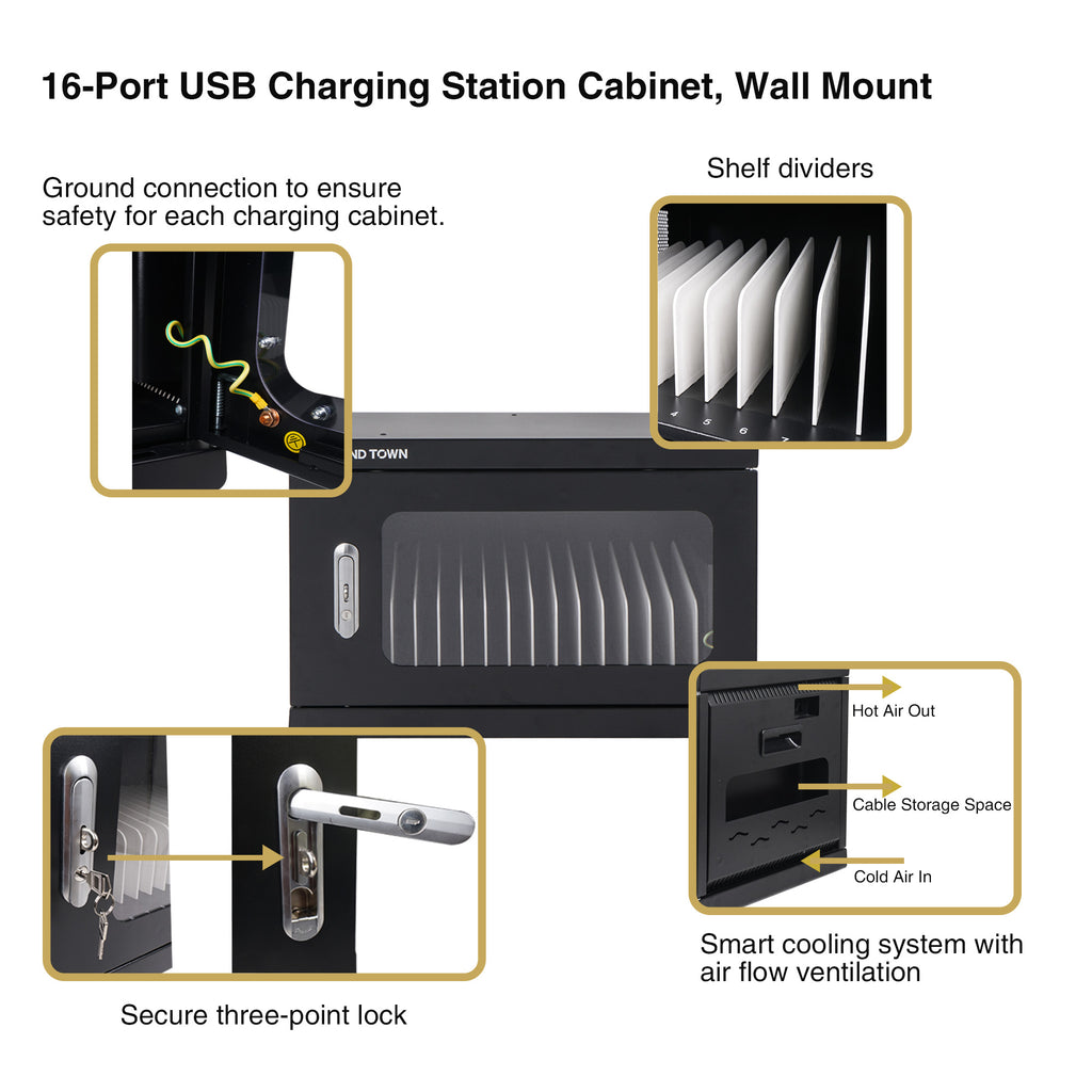 Sound Town STCC-USB16US Multi-Device Wall-Mountable Charging Cart w/ 16 USB Ports and Casters, for iPads, Tablets, Laptops, Chromebooks - Ground connection to ensure safety for each charging cabinet, shelf dividers, smart cooling system with air flow ventilation, secure three-point lock