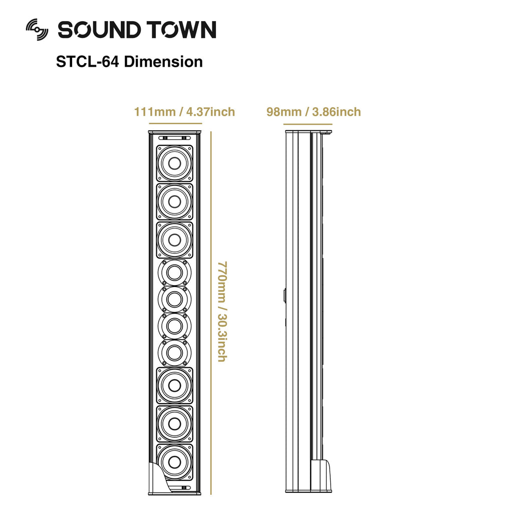 Sound Town STCL-64-R Compact Professional Passive Line Array Column Speaker with Adjustable Wall Mount Bracket, 6 x 3" Woofers, 4 x 1.2" Dome Tweeters, Black, for Church, Lounge, Live Event, Refurbished - Size and Dimensions