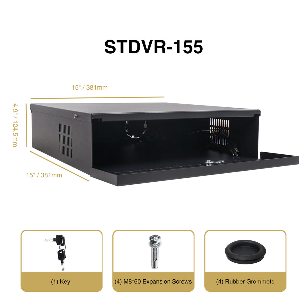 Sound Town STDVR-155 Heavy Duty DVR Security Lockbox with Cooling Fan, Black, 15"W x 15"D x 5"H - Dimensions, Parts, Screw Size