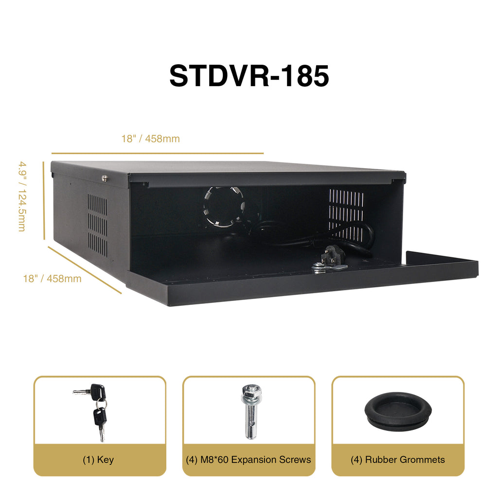 Sound Town STDVR-185 Heavy Duty DVR Security Lockbox with Cooling Fan, Black, 18"W x 18"D x 5"H - Dimensions, Parts, Screw Sizes