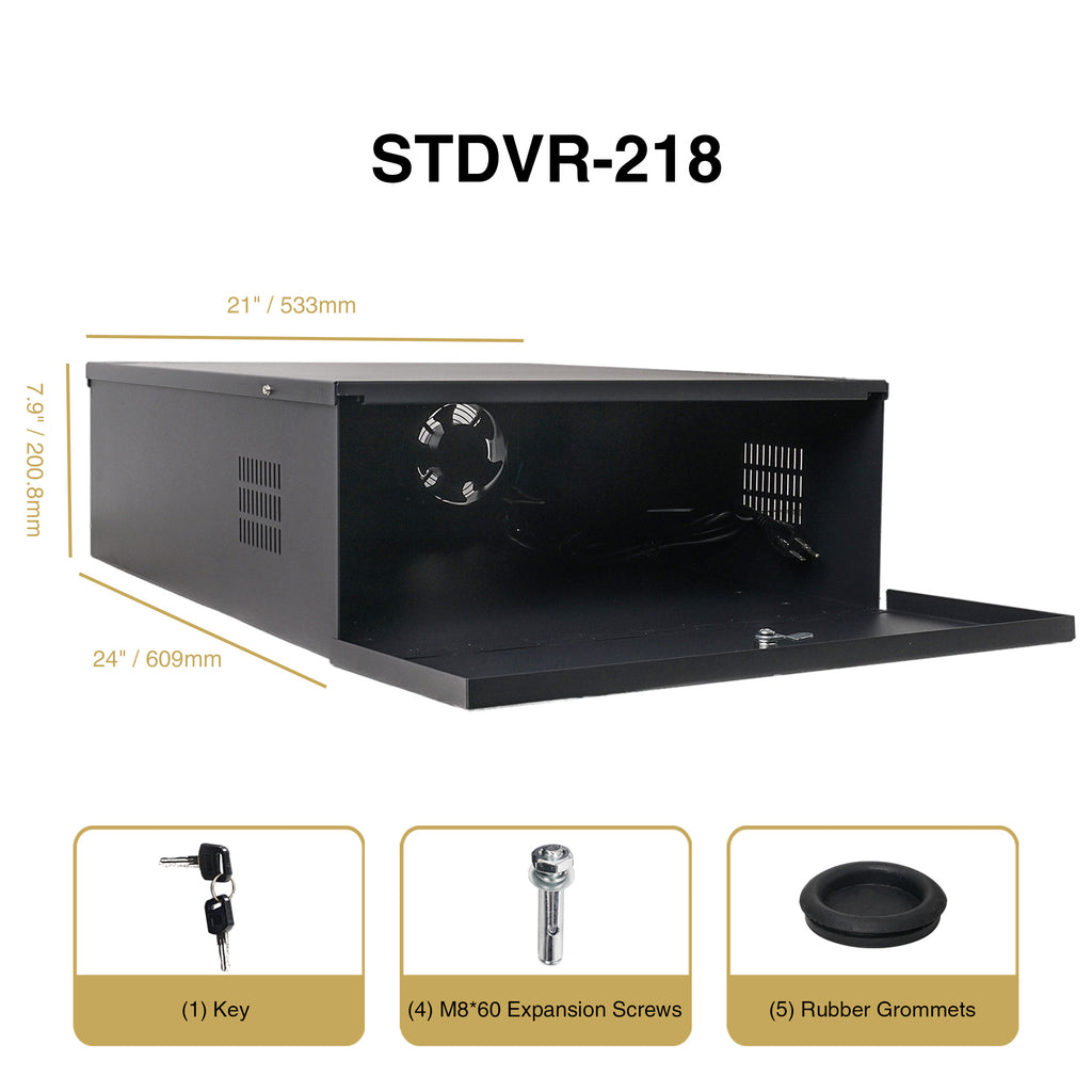 Sound Town STDVR-218 Heavy Duty DVR Security Lockbox with Cooling Fan, Black, 21"W x 24"D x 5"H - size and dimensions, parts, accessories, included in the box, package contents, screw sizes
