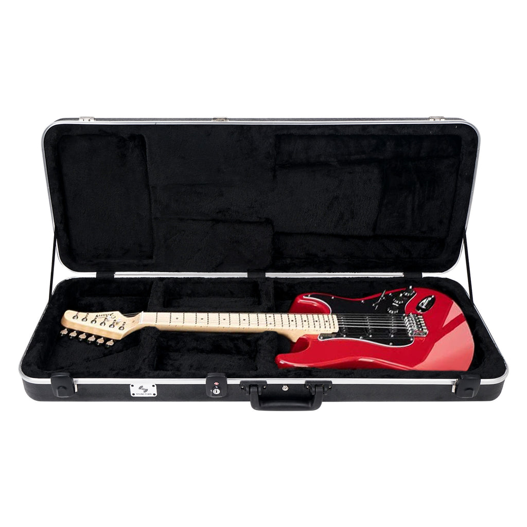 Sound Town STEC-500 Lightweight ABS Road Case for Electric Guitar with TSA Approved Locking Latch and EPS Foam Plush Interior with Guitar inside