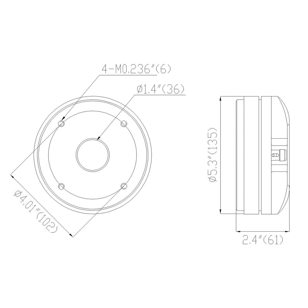 Sound Town STHF-5103-R 1.4" Titanium Compression Driver, 120W, Pro Audio Speaker Horn Replacement Tweeter, Refurbished - Size, Dimensions, Mounting Information, Recommended Enclosure Volume