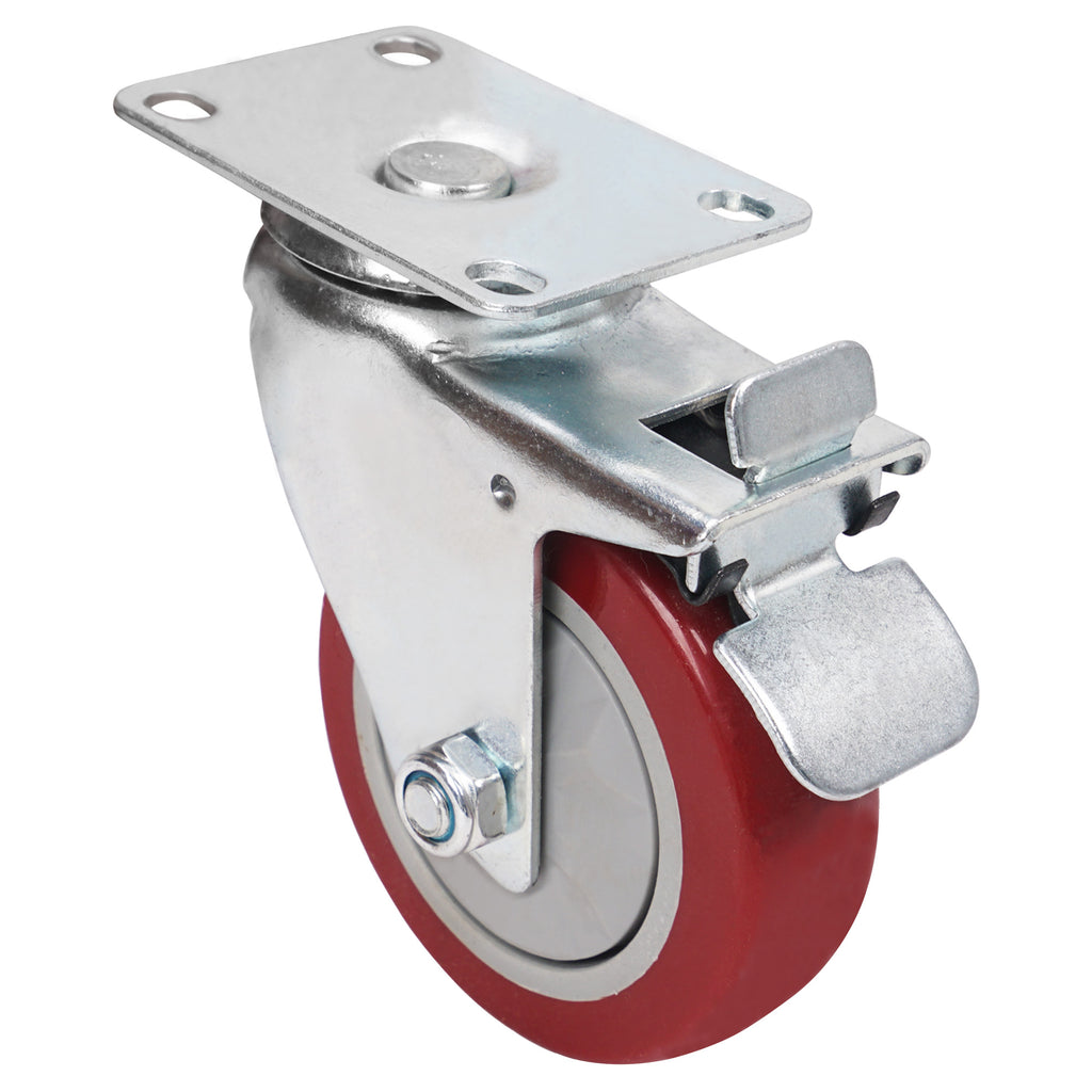 Sound Town STLC-4 4-Pack 4” Swivel Caster Wheels with Red Polyurethane and Brake Casters, Replacement Caster Wheels for Rack Case, Home Furniture, Industrial Trailer - Back