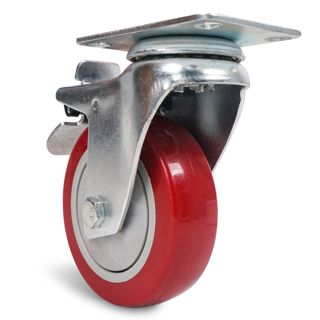 Sound Town STLC-4 4-Pack 4” Swivel Caster Wheels with Red Polyurethane and Brake Casters, Replacement Caster Wheels for Rack Case, Home Furniture, Industrial Trailer - Front