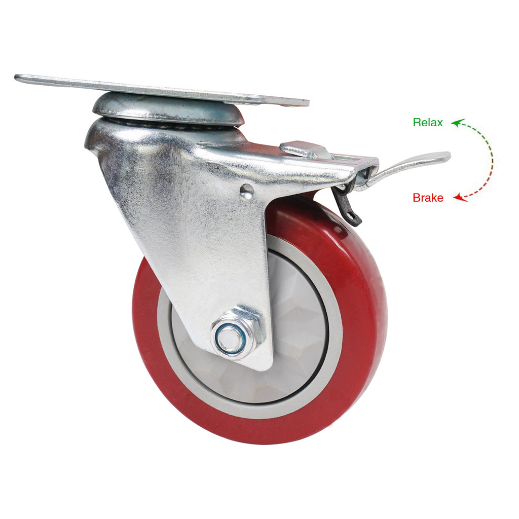 Sound Town STLC-4 4-Pack 4” Swivel Caster Wheels with Red Polyurethane and Brake Casters, Replacement Caster Wheels for Rack Case, Home Furniture, Industrial Trailer - Locking