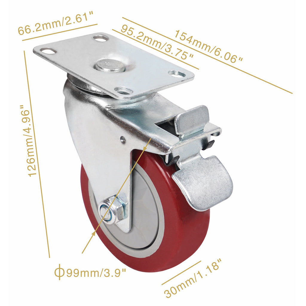 Sound Town STLC-4 4-Pack 4” Swivel Caster Wheels with Red Polyurethane and Brake Casters, Replacement Caster Wheels for Rack Case, Home Furniture, Industrial Trailer - Size and Dimensions
