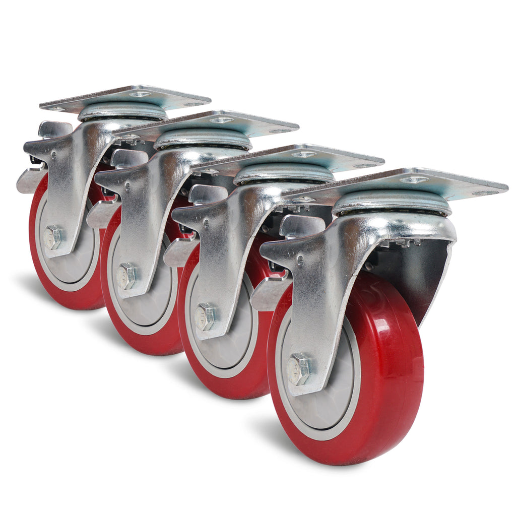 Sound Town STLC-4 4-Pack 4” Swivel Caster Wheels with Red Polyurethane and Brake Casters, Replacement Caster Wheels for Rack Case, Home Furniture, Industrial Trailer