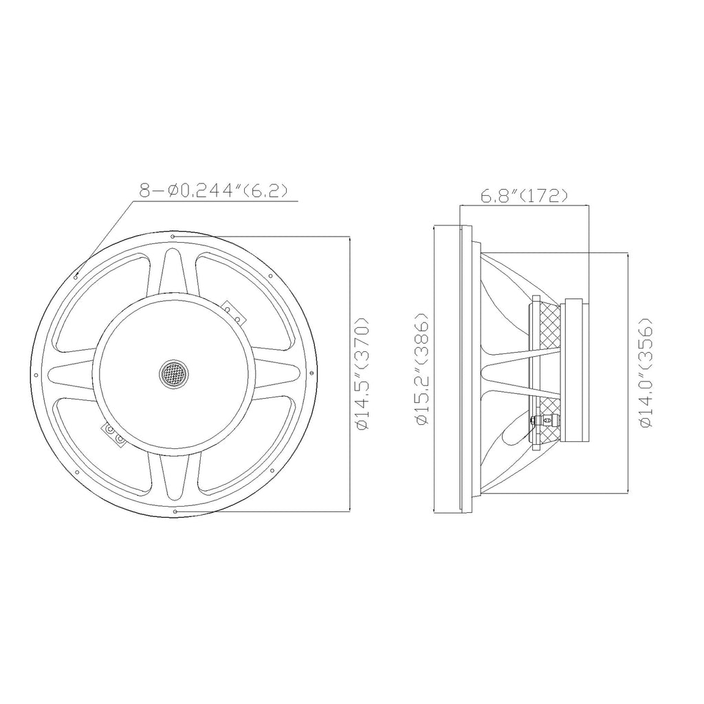 Sound Town STLF-15110ZA-R 15" 500W Cast Aluminum Frame Woofer (Low Frequency Driver), Replacement for PA/DJ Subwoofer Cabinets, Refurbished - Size and Dimensions, Mounting Information, Suggested Enclosure Volume