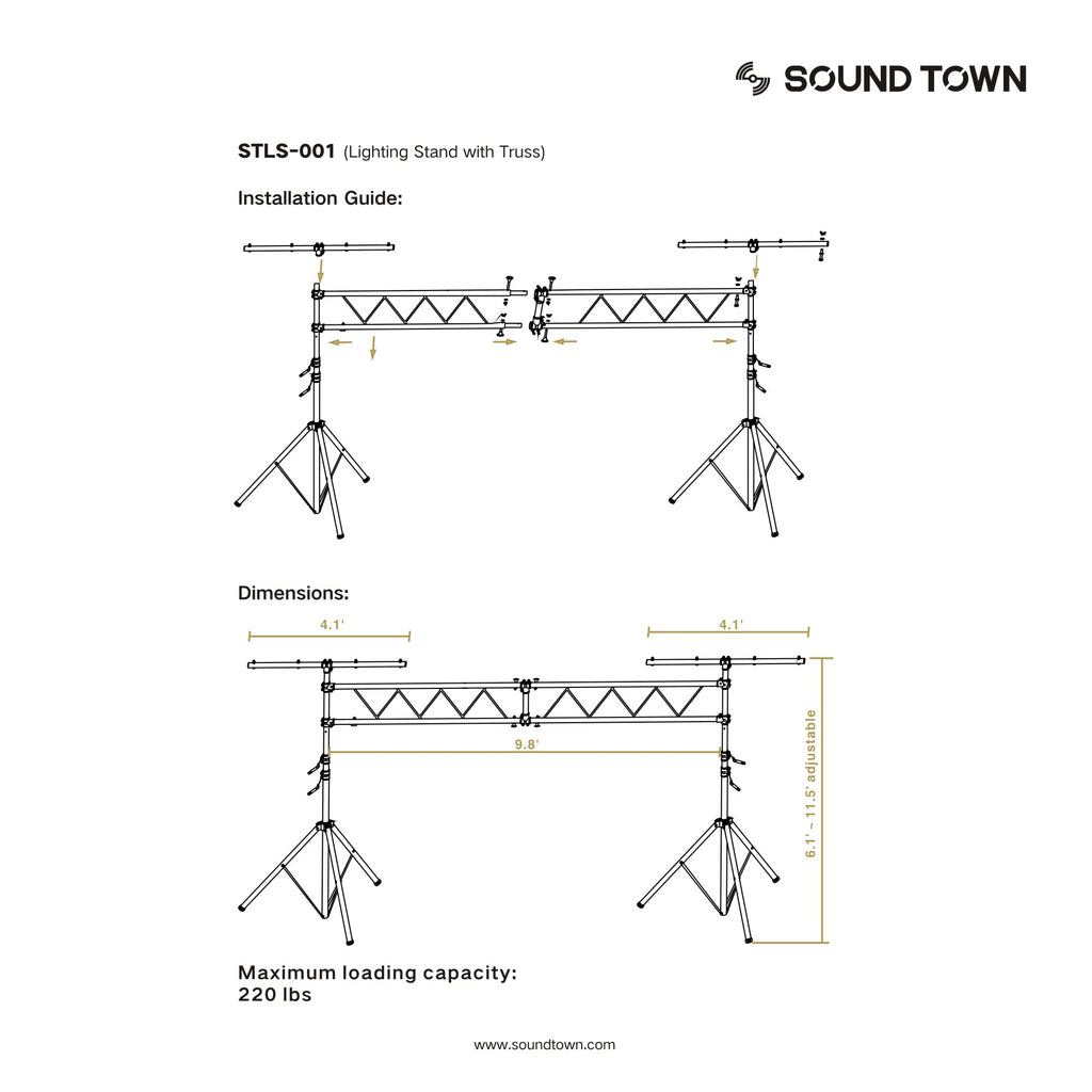 Sound Town STLS-001 Lighting Stand with Truss, Portable Lighting Truss System with T-Bars - Installation Instructions and Dimensions