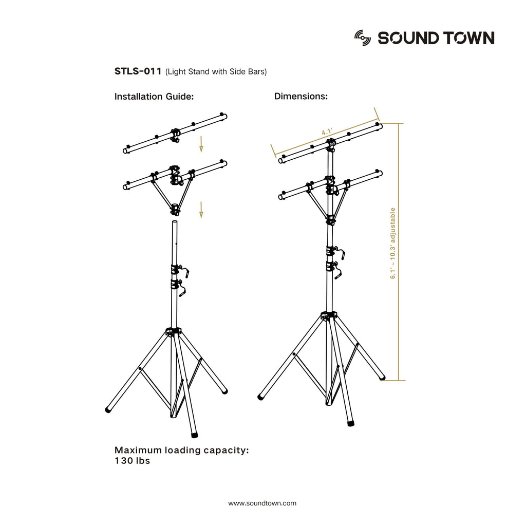 Sound Town STLS-011 Lighting Stand with Side Bars and Tripod Base - Installation Guide, Size and Dimensions