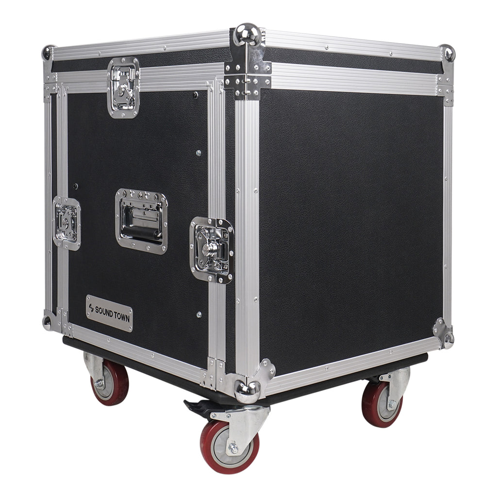Sound Town STMR-10D2 10U (10 Space) PA DJ Pro Audio Rack/Road ATA Case with 11U Slant Mixer Top, Locking Drawer, 20.2" Rackable Depth - Casters, Portable, Transportable