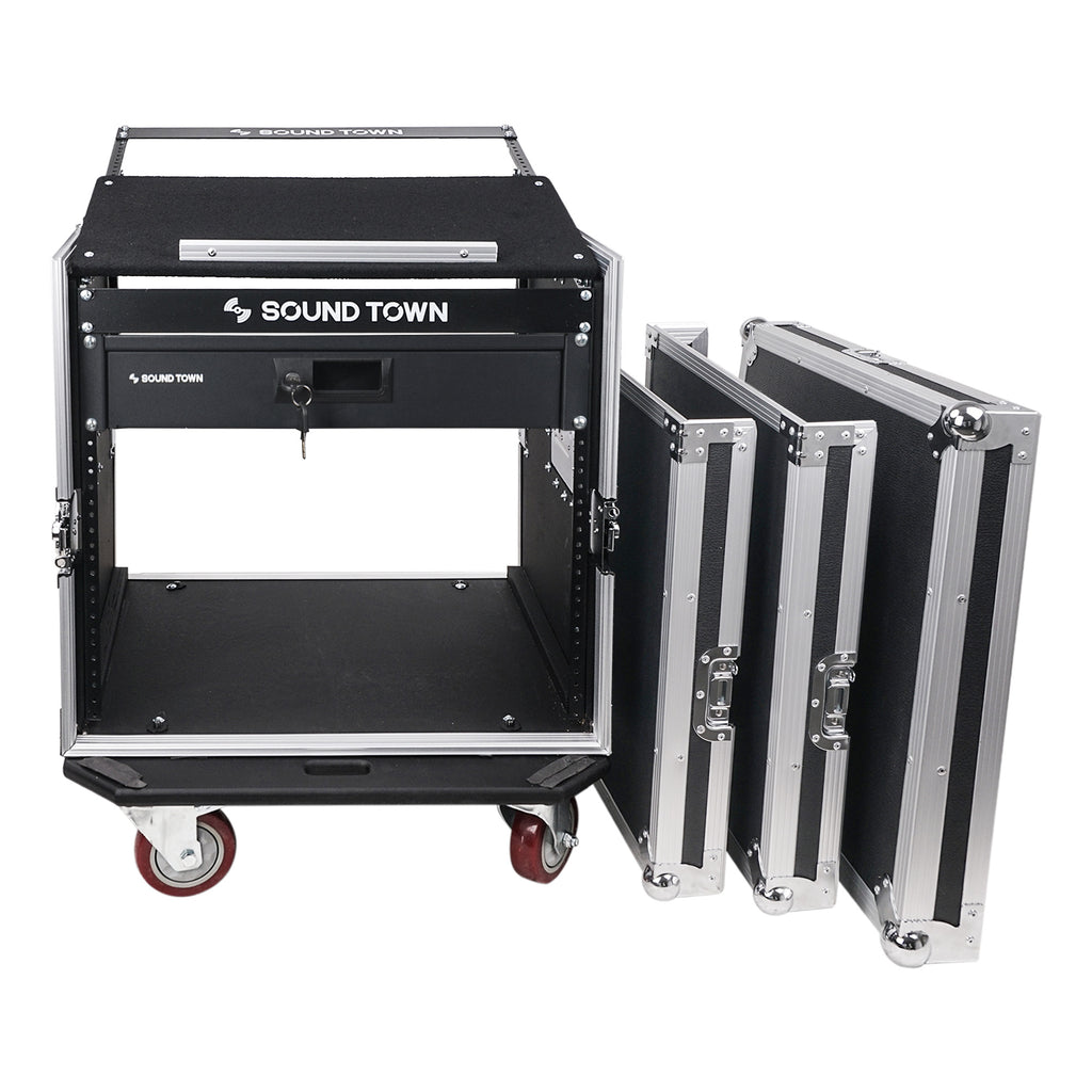 Sound Town STMR-10D2 10U (10 Space) PA DJ Pro Audio Rack/Road ATA Case with 11U Slant Mixer Top, Locking Drawer, 20.2" Rackable Depth - Removable Front, Top, Back Covers