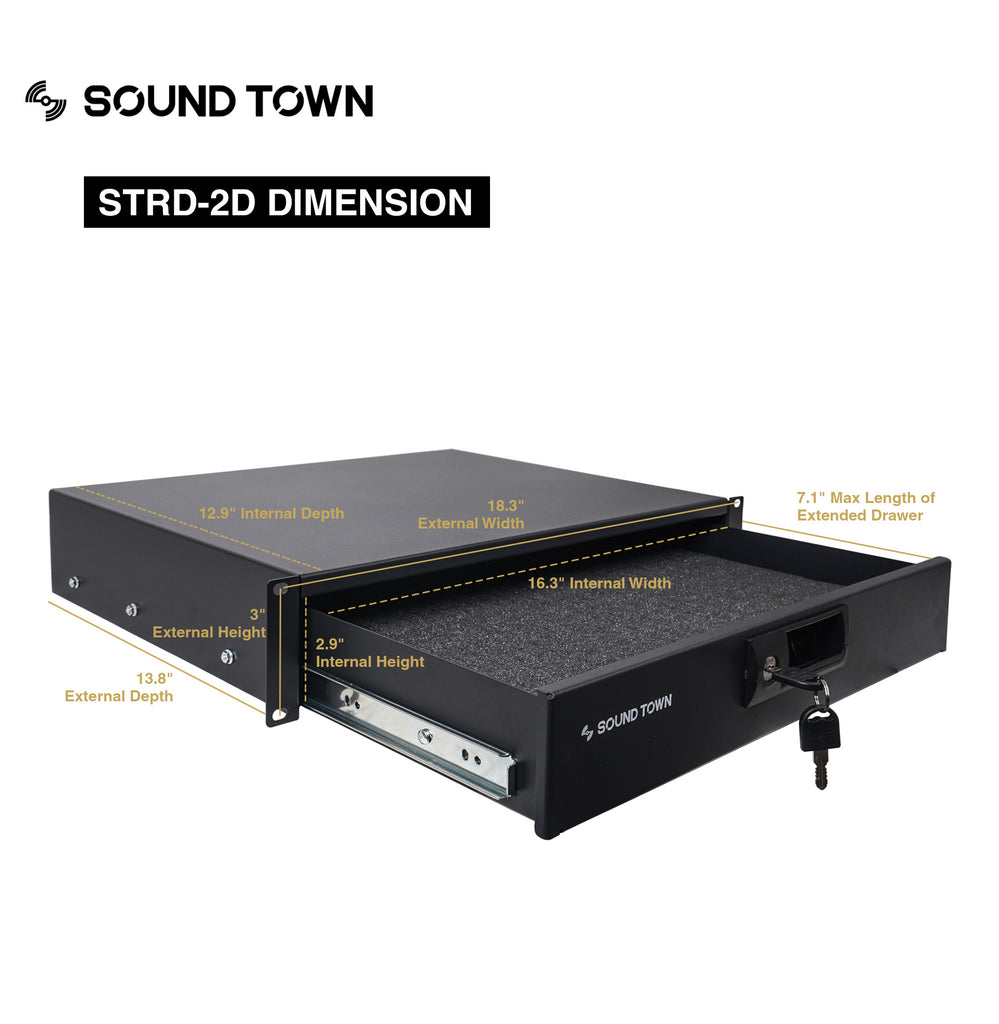 Sound Town STMR-10D2 STRD-2D 19" 2U Locking Rack Mount Sliding Drawer, with Customizable Protection Foam, Size and Dimensions