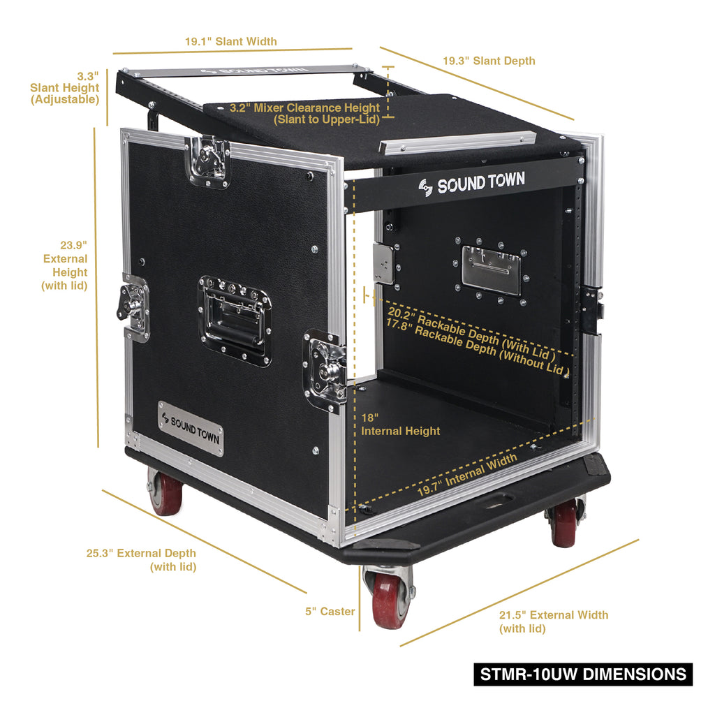 Sound Town STMR-10UW 10U (10 Space) PA/DJ Road/Rack ATA Case with 11U Slant Mixer Top and Casters - Internal & External Size & Dimensions