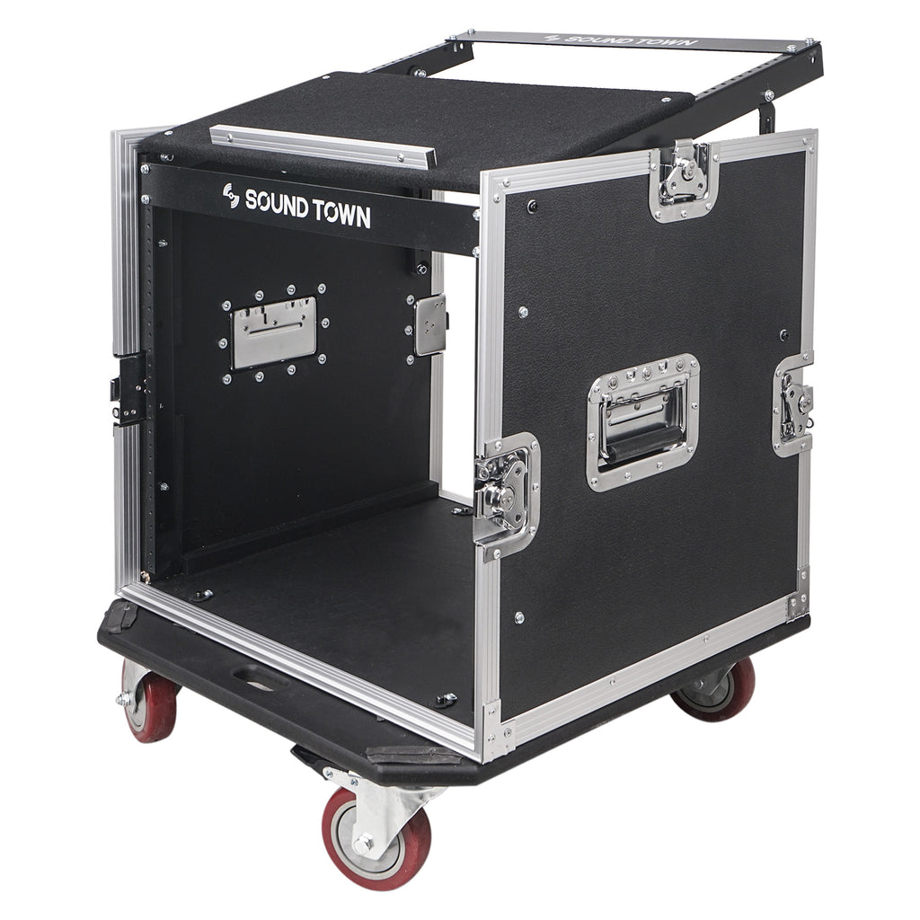 Sound Town STMR-10UW 10U (10 Space) PA/DJ Road/Rack ATA Case with 11U Slant Mixer Top and Casters - Flight Case