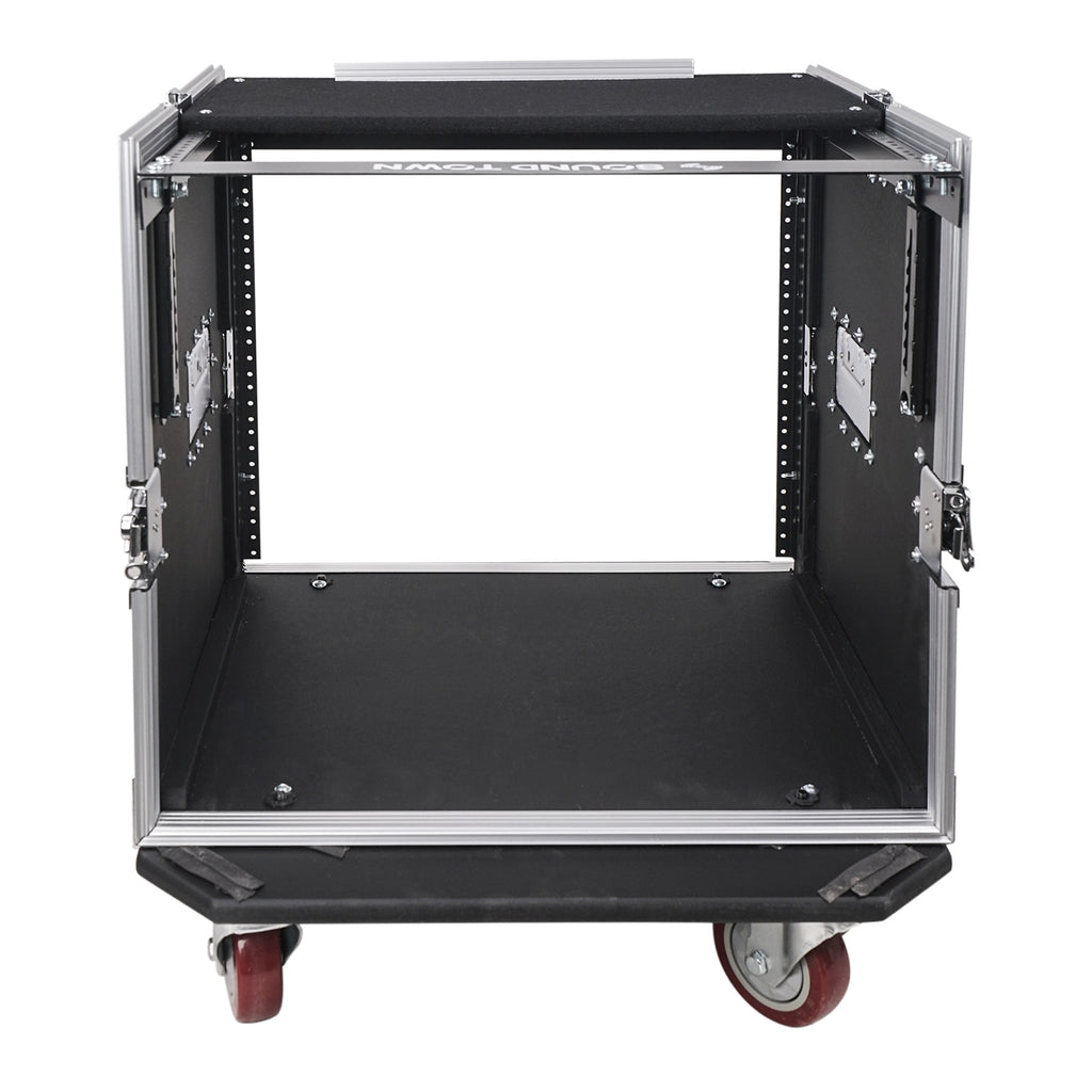 Sound Town STMR-10UW 10U (10 Space) PA/DJ Road/Rack ATA Case with 11U Slant Mixer Top and Casters - Front & Back Covers for Easy Access, Back View