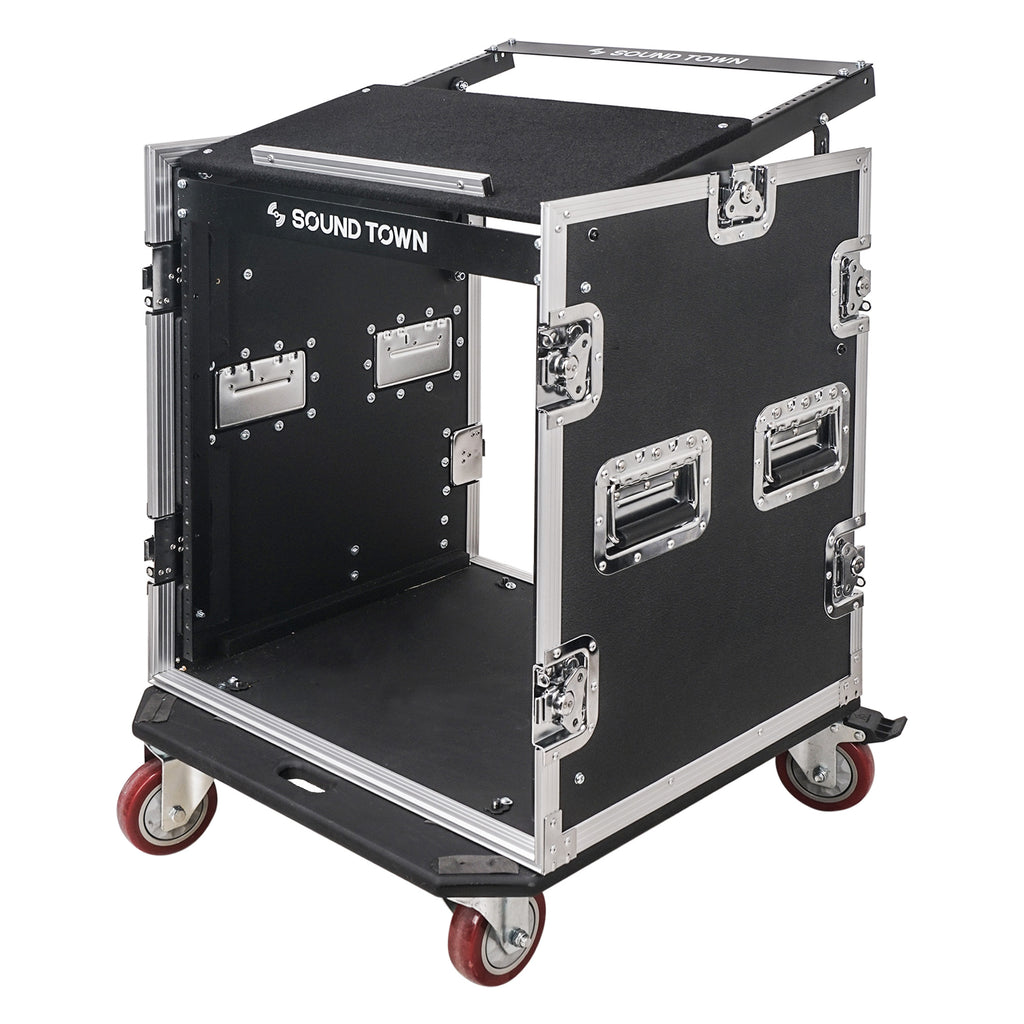 Sound Town STMR-12D2 12U (12 Space) PA DJ Pro Audio Rack/Road ATA Case with 11U Slant Mixer Top, 20.2" Rackable Depth and Casters - Industrial-Grade Latches