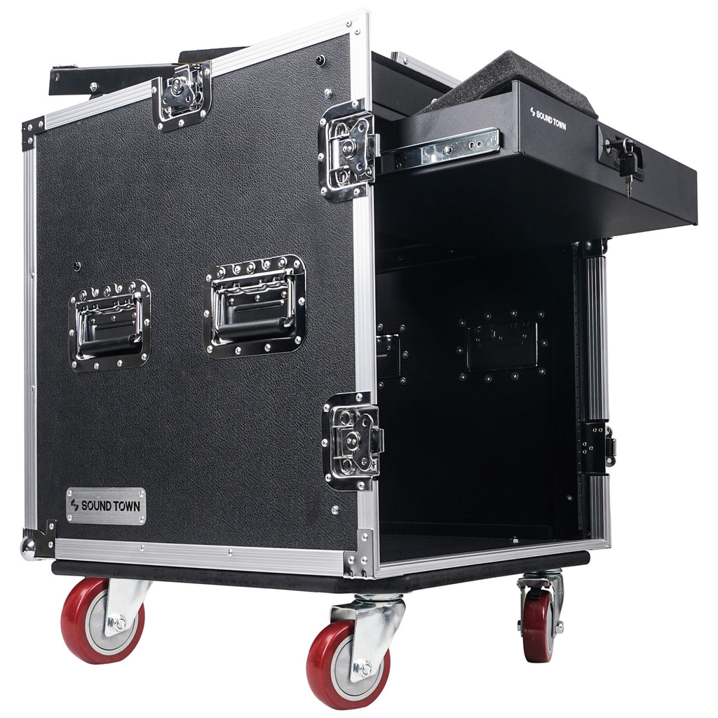 Sound Town STMR-12D2 12U (12 Space) PA DJ Pro Audio Rack/Road ATA Case with 11U Slant Mixer Top, 20.2" Rackable Depth and Casters - Locking Drawer
