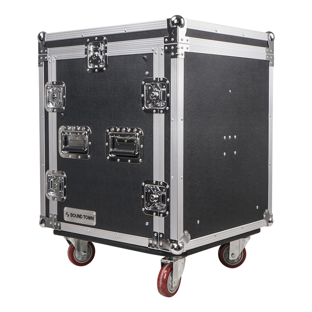 Sound Town STMR-12D2 12U (12 Space) PA DJ Pro Audio Rack/Road ATA Case with 11U Slant Mixer Top, 20.2" Rackable Depth and Casters - Plywood