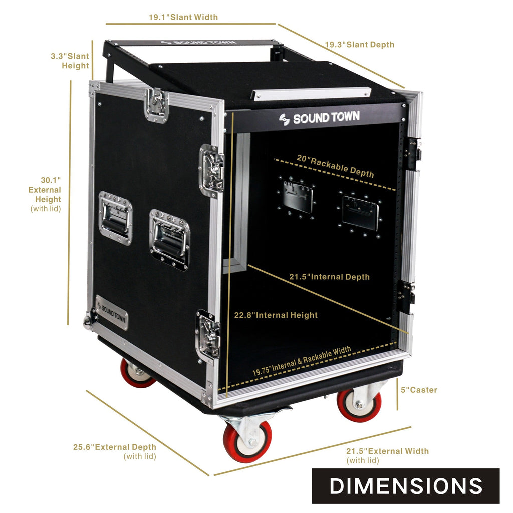 Sound Town STMR-12UW-R 12U (12 Space) PA/DJ Pro Audio Rack/Road ATA Server Case with Slant Mixer Top and Casters, Refurbished - Size Dimensions