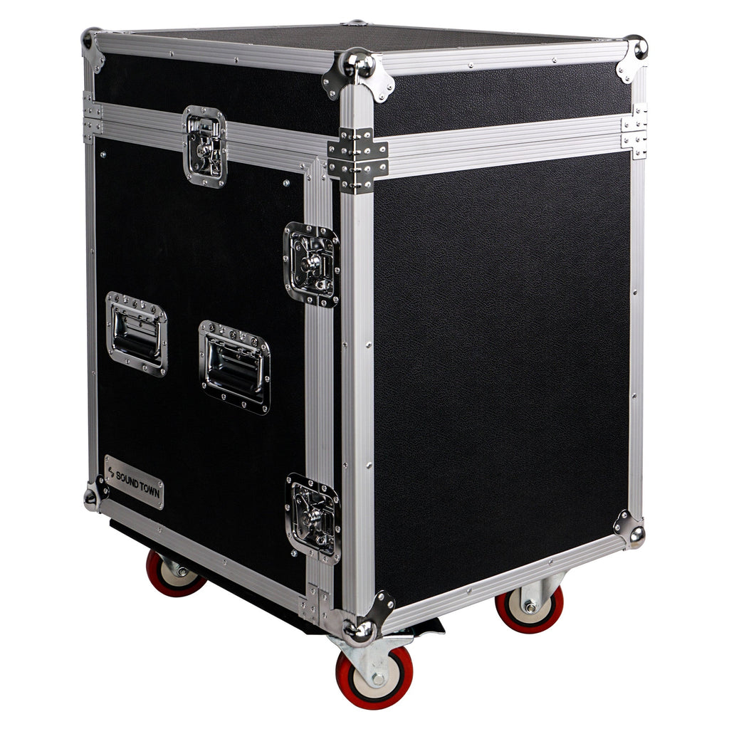 Sound Town STMR-12UW-R 12U (12 Space) PA/DJ Pro Audio Rack/Road ATA Server Case with Slant Mixer Top and Casters, Refurbished - Dual spring handles on each side